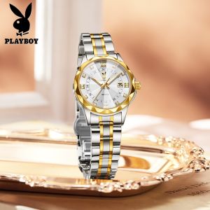 PLAYBOY Watch For Women Waterproof Luminous Calendar Diamond Dial Fashion Business Diamond Stainless Steel Womens Watch