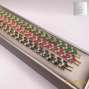 สร้อยข้อมือพลอยสังเคราะห์ประดับเพชรสามแถวเรียงแพ เขียว ชมพู น้ำเงิน ความยาว 18 cm