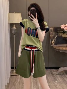 Fashionable Sporty Short Sleeve Short Pants Set Womens Casual Loose Fit Active Wear Cotton round Neck Two Piece Suit