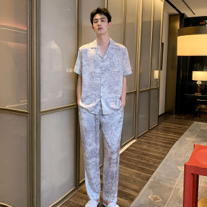 ชุดนอนผ้าไหมน้ำแข็งชายแขนสั้นลายหมึก ชุดนอนผ้าฝ้ายผสมคอตตอนระดับไฮเอนด์ ชุดอยู่บ้านไซส์ใหญ่สำหรับผู้ชาย