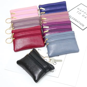 Korean Womens Coin Purses Minimalist Portable Plain Black Leather Zero Wallet Coin Key Bag with 3 Zipper