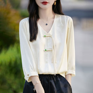 DONGYINUAN | Traditional Style V-Neck Flared Sleeve Loose Fit Floral Shirt