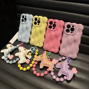 Dopamine Boost Candy Colored Phone Case with Bracelet Horse Charm Full Protection for Apple 16Promax iPhone 15Pro Mobile Phone Covers
