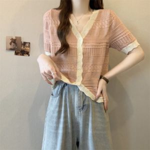 Classic Style Pink Openwork Knitting Ice Silk Short Sleeve Womens Summer Plus Size Plus Size Ladies Western Style Youthful-Looking Shirt Irregular Top