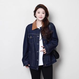 Ladies plus Size Denim Jacket American Style Retro Commute Top Washed Color Block Oversized Womens Autumn Outerwear