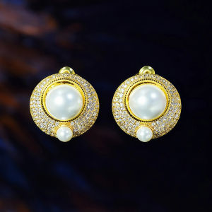 SEQUITO Noble Yellow Gold Plated Ear Jewelry Micro Pave Tiny Sparkle AAA Cubic Zircon Pearl Stud Earrings Banquet Party Accessories SE1005