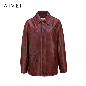 Aivei Spring 2025 American Retro Casual Red Wind Leather Jacket Outerwear S710505B Commute Style Long Sleeve Polo Collar
