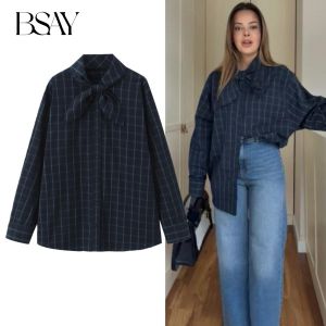 BSAY Scarf plaid Poplin Shirt Women Fashion 2025 Autumn Winter New bow button loose Long Sleeves Blouses Chic Ladies Tops mujer