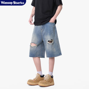 Quần Short Denim Rách American Retro WASSUP SHARK Cho Nam Mùa Hè Quần Dài Năm Điểm Ống Đứng Rộng Rãi Thường Ngày Cotton Polyester