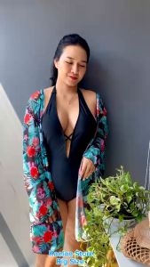 Black Halter Neck Monokini with Floral Beach Cover Up (KS481377-P220) - Big Size (50-90kg)