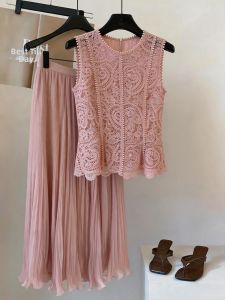 AEJUONOS | Lace Hollow Out Sleeveless Tank Top and Skirt Set For Slimming Summer