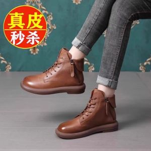 Genuine Leather Martin Boots Womens Flat Bottom Soft Bottom Anti-Slip Short Boots British Style Winter Shoes Cross Buckle