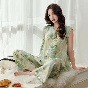KASIHAN | Elegant and Breathable Silk Cotton Womens Pajamas Sleeveless and Long Pants