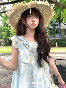 Blue Embroidered Sleeveless Dress Summer New Style Ruffle Splicing Puffy Miniature Wear Matching Girl Cake Skirt Sweet Style