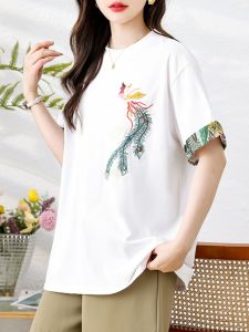 New Chinese Style Pure Cotton T-shirt Womens Short Sleeve Summer plus Size Womens Clothes Plus Size Ladies Chinese Style Embroidery Loose-Fitting Belly-Covering Top 100.00kg