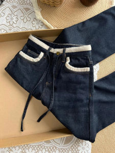 กางเกงยีนส์ทรงหลวมเอวสูงขากว้างทรงตรงสำหรับผู้หญิงในฤดูใบไม้ร่วงและฤดูหนาว สีน้ำเงินเข้ม กางเกงขายาวทรงหลวมสไตล์อเมริกันย้อนยุค