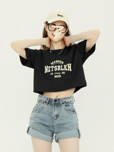 Áo Thun Cotton Đen Tay Ngắn Mùa Hè Cho Nữ Áo Thun Tay Lửng Dáng Rộng Cổ Tròn in Chữ Thời Trang Thường Ngày Twosand