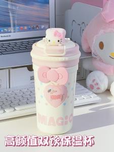 Portable Insulated Coffee Cup for Office Students Cute Dual-use Lid Stainless Steel 410ml Long-lasting Heat Retention