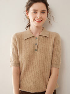 ZHENRONGDAO | Polo Collar Cashmere Short Sleeve Womens Knitted Sweater Spring Autumn New Style Inner Wear Top Casual Comfortable Loose Fit