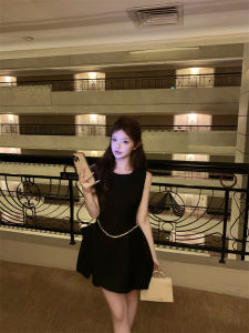 Retro French Style Sweet Lady Dress Bouffant Party Birthday High Waist Slim Fit Short Skirt round Neck No Sleeve Polyester Fiber