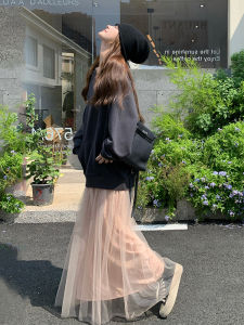 Laid-back Style Color Block Mesh Hoodie Dress Womens New Design Korean Version Loose Waist Polyester Long Sleeve Autumn Dress