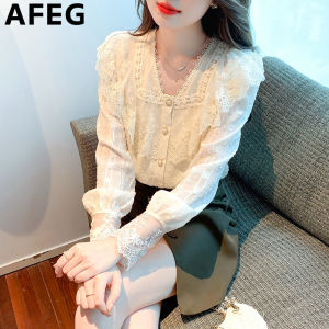 AFEG new Korean version V-neck fashion loose all-match temperament lace long-sleeved blouse for women
