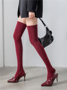 Anti-Slip Long Tube Socks Over-Knee Red Wine Color for Women Spring Autumn Winter Black JK Style High Cotton Comfortable Shape Leggings