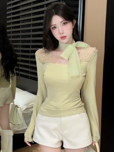 GUZILIAN | Noble Style Sheer Panel Square Neck Knitted Top