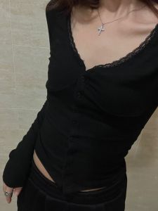 American Style Black Lace Trim V-Neck Long Sleeve T-Shirt Womens Base Shirt Pure Desire Black Open Cardigan Top for Autumn