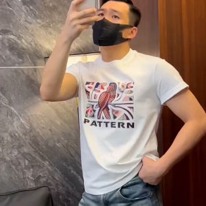 Comfortable Elastic Short Sleeve round Neck T-Shirt Mens Slim Fit Printed Casual Summer Top Fashionable Youth Style Cotton Blend