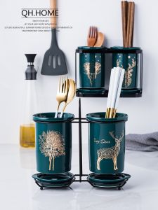 Luxurious Ceramic Green Enamel Chopsticks Holder Wall Mounted Drainable Kitchen Storage Bucket Hanging Chopsticks Box