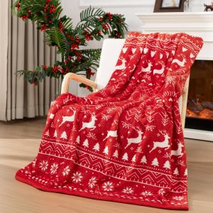 1PC Throw Christmas Red Stripe Flannel Blanket Reindeer Xmas Holiday Throw Soft Light Holiday Decor Blankets Throws Pefect Gifts