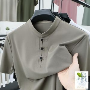 ROMON | Lormen Mens Short Sleeve T-Shirt Summer Thin Ice Silk Breathable Stand Collar Chinese Style Button Casual Top Dad Clothes