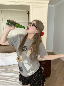 เสื้อยืดผ้าฝ้ายหลวมสําหรับผู้หญิงขนาดใหญ่พิมพ์รอบคอแขนสั้นฤดูร้อนสบายๆเสื้อผ้าทํางานการออกแบบสร้างสรรค์