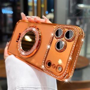 Ốp lưng iPhone 17 Pro Max có gương trang điểm nhỏ & giá đỡ nam châm màu cam nhiều lựa chọn màu sắc tương thích Magsafe thiết kế kiểu kim cương dễ thương bảo vệ cụm camera hỗ trợ các dòng iPhone 18 / 16 / 15 Pro Max / Plus