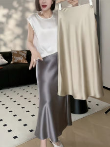 Elegant Acetate Satin High Waist A-Line Long Skirt Womens Summer New Design Slimming Fish Tail Skirt Korean Style Commute