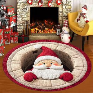 VIKAMA 3D Santa Claus Round Rug Candy Cane Print Round Non Slip Mat For Living Room Bedroom Holiday Illusion Decor