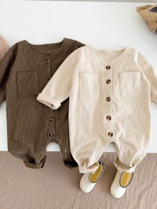 Newborn Baby Long Sleeve Onesie Spring Autumn Outfit Crawler Suit Boys Girls Single Button Romper Cotton Velvet Simple Style