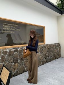 Khaki Lazy Style High Waist Wide Leg Pants Womens Casual Trousers Autumn Loose Fit Floor Length Pants DOMX Brand