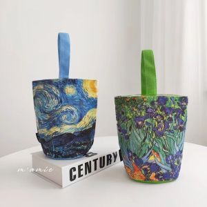 Mamie @ Van Gogh Impressionism Wrist Bag Artsy Hand Bag Japanese Style Water Cup Bag Vintage Canvas Bag