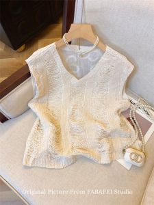 Áo Len Dệt Kim Cổ Chữ V Hở Vai Không Tay Thiết Kế Khoét Sâu Mùa Hè Cho Nữ Áo Khoác Ngoài Nhiều Lớp Kiểu Pháp Áo Sơ Mi Nhỏ