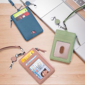 Women ID Card Cover Real Leather Easy Pull Buckle Cards Coins Zipper Pouches Multi Functional Wallet with Lanyard