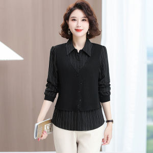 Ladieswear Spring & Fall Fashion Long Sleeve Female Patchwork Fashionable New Temperament Shirt Outwear False-Two-Piece Shirt Tops Flab Hiding