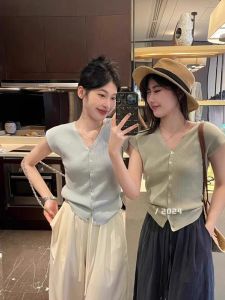 French Elegant V-Neck Knitted Open Cardigan Womens Summer Blue Slim Ice Silk Thin Short Sleeve T-Shirt Top Fashion Commute Style