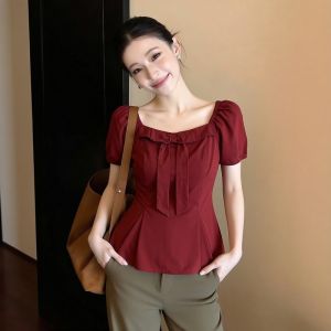 AIYITI | Elegant Luxury Square Neck Short Sleeve Womens Blouse