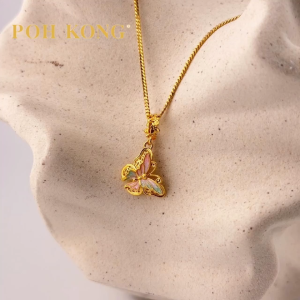 POH KONG 916/22K Yellow Gold Butterfly With Pink And Green Enamel Pendant