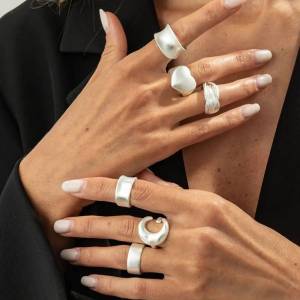 IngeSight.Z 6 Styles Retro Irregular Geometric Love Heart Moon Open Finger Ring Women Punk Silver Color Wide Ring Couple Jewelry