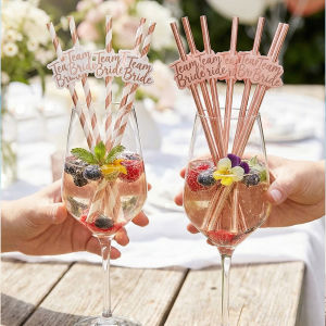 10Pcs Party Straws Team Bride Rose Gold Foil Paper Drinking Straws Bridal Shower Wedding Hen Party Accessories