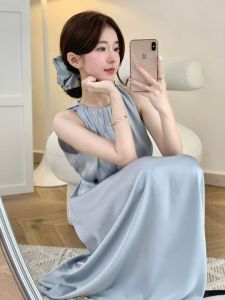 French Elegant Satin Dress Women Summer Tea Break High End Elegant Beach Vacation Sleeveless Strap Long Dress A-Line Skirt