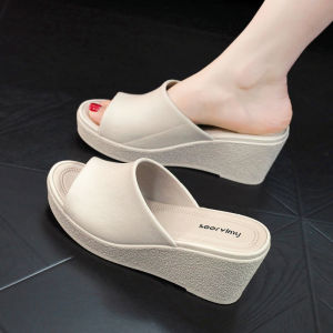 Womens Summer 2025 New Casual High Heel Slope Heel Anti-Slip Wear-Resistant Thick Bottom One-Strap Slippers for Daily Wear